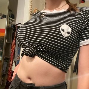 Black and White Striped Alien Logo Shirt